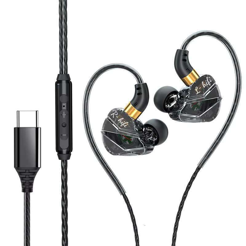 In ear C-type subwoofer wired headphones with microphone HiFi music monitor bass headphones, suitable for sports and gaming earbuds