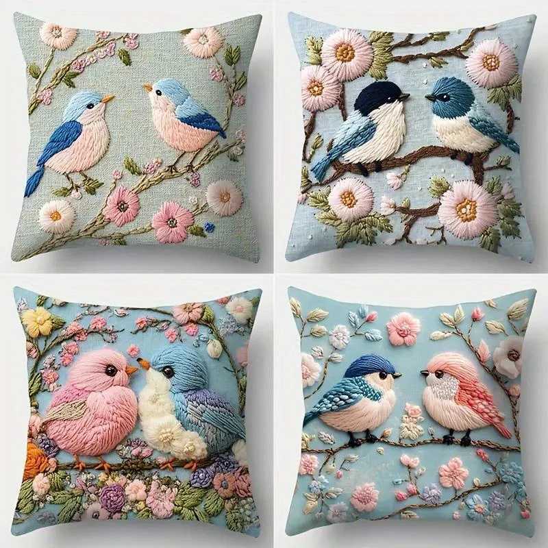 Floral Bird Covers 4pcs 2D Digital Print Faux Embroidery Soft Polyester Zippered for Living Room Sofa DecorM251119