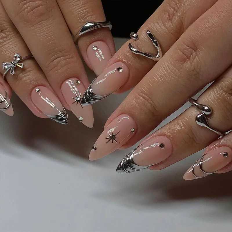 24pcs Cats Eye False Nail Finished Shiny Powder Pearl Design Nails Sets Press on Fashion Flower French Long Almond Fake NailsT251118T251119