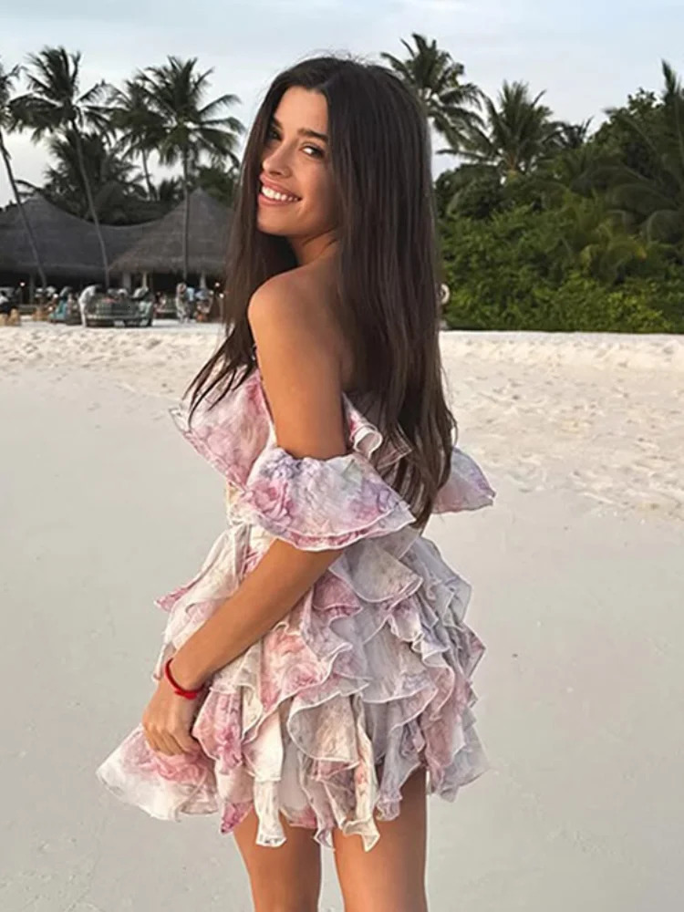 Fashion Printed Ruffle Womens Mini Dress Chiffon Body High Waist Vestdos Vacation Street 250418