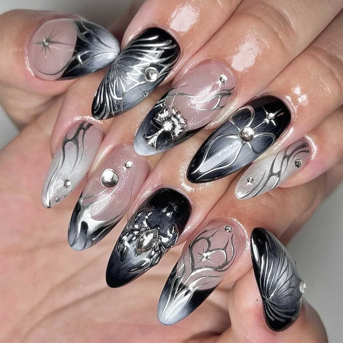 24Pcs Cute Ghost Fake Nails Long Almond Halloween Detachable Full Cover Nail Tips Press on Nails Finished Fingernails Nail ArtT251118T251119