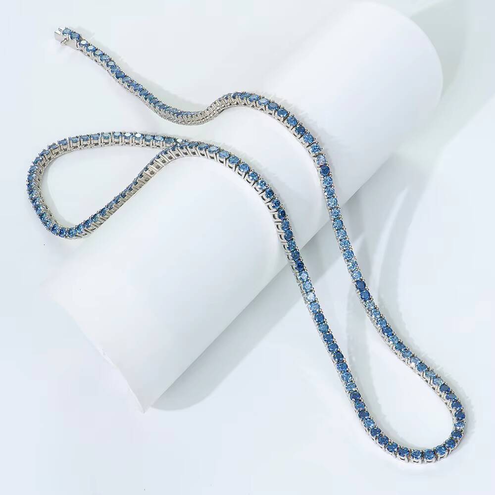 Premium Jewelry 925 Silver Necklace Rhodium Plated Round Brilliant Cut Original Royal Blue Color Moissanite Tennis Link Chain