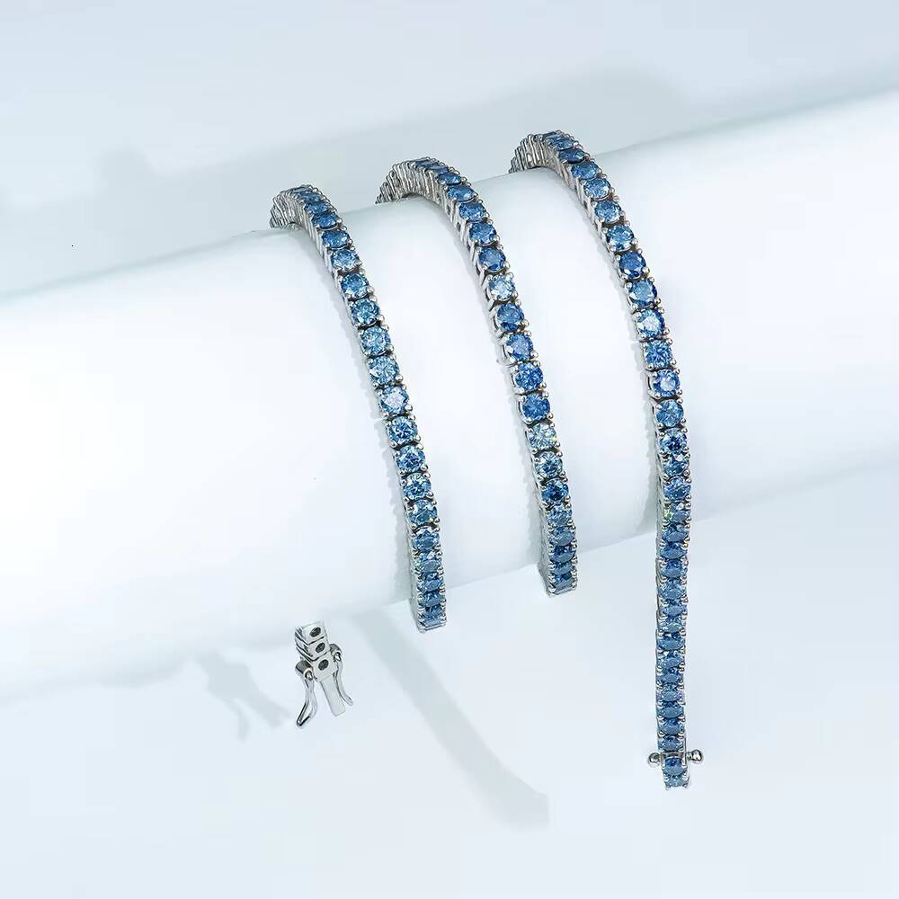 Premium Jewelry 925 Silver Necklace Rhodium Plated Round Brilliant Cut Original Royal Blue Color Moissanite Tennis Link Chain