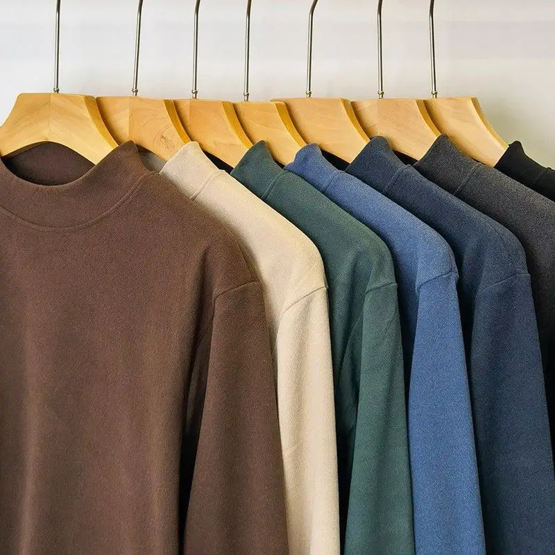 Warm Breathable Full Double-Side Plush High-Neck Tee Mens Long-Sleeved Tee Shirt for Autumn Winter Casual Wear Heat Tshirt 251114