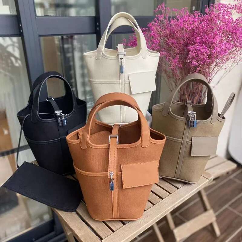 New Style Genuine Leather Cargo Basket Pocket Handheld Bucket Bag Swift Top Layer Picotincanva PatBagswork Design