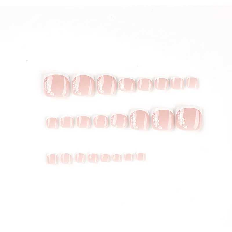 Flowers White French Artificial Toenails Nude Pink Toe False Nails with Glue Wearable Short Flat Shape Fake Toenails WholesaleT251118T251119
