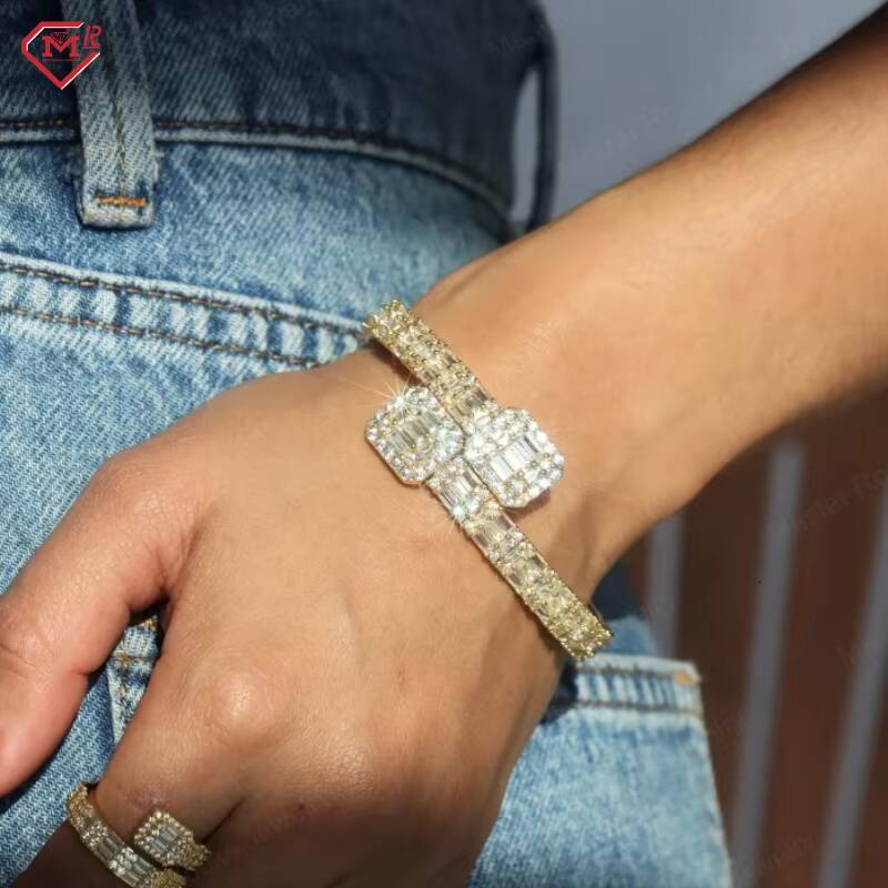 Hip Hop Jewelry Moissanite Bangle Baguette 925 Sterling Silver Vvs Iced Out Moissanite Bracelet