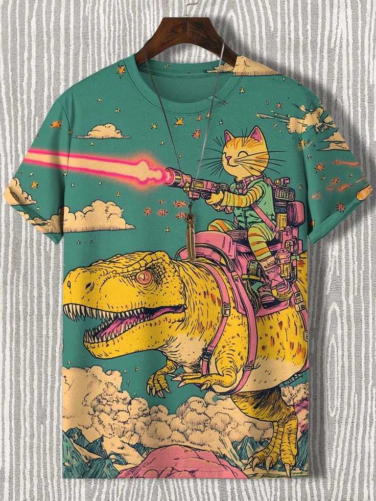 2025 mens T-shirt cartoon laser cat dinosaur art 3D printing T-shirt mens short sleeved O-neck T-shirt casual street Y2k topW250419