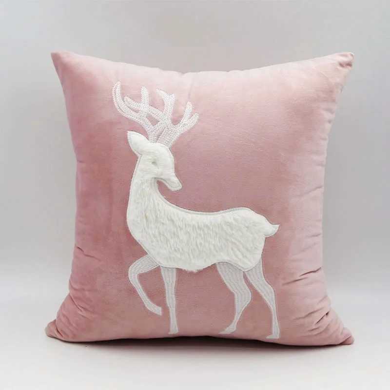 Festival Case Pink Gray Velvet Deer Christmas Gift Applique Embroidery Square Cushion Cover 45x45cm 1 Piece PackM251119