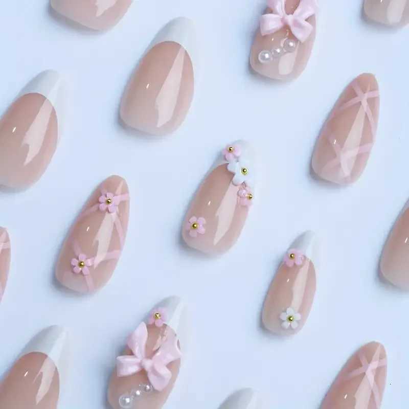 24pcs French False Nails 3D Bow Knot Flowers False Nails Pink Almond Press-on Nail Ballet Style Imitation Pearl Design Nail ArtT251118T251119
