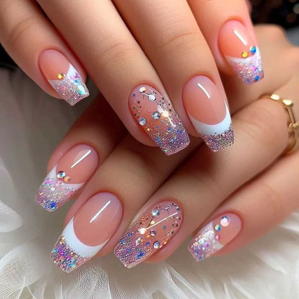 24PCS Simple White French Press on False Nails Glitter Golden Sequin Short Coffin Fake Nails for Women Detachable Nail ManicureT251118T251119