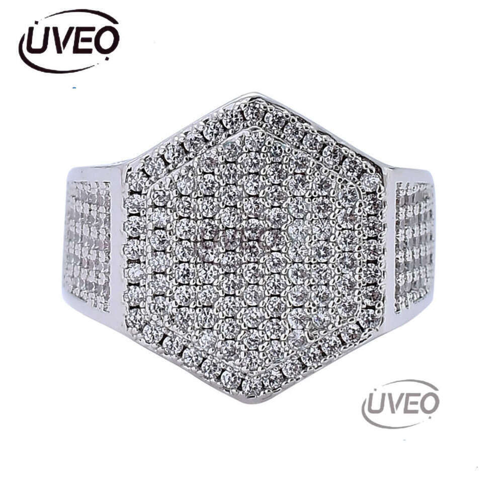 Luxury designer Hexagonal Ice Out VVS Moissanite Ring for Men Hip Hop Ring with free shipping