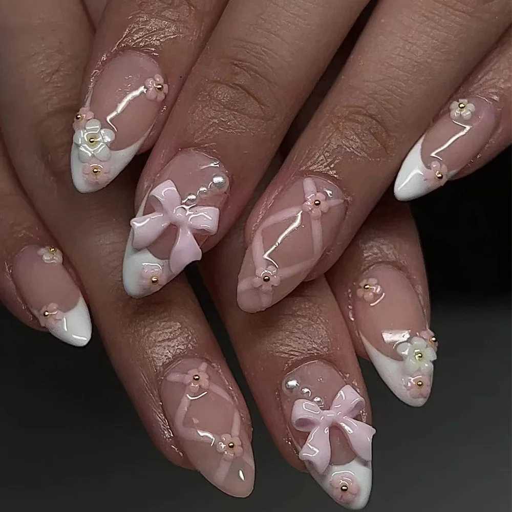 24pcs French False Nails 3D Bow Knot Flowers False Nails Pink Almond Press-on Nail Ballet Style Imitation Pearl Design Nail ArtT251118T251119