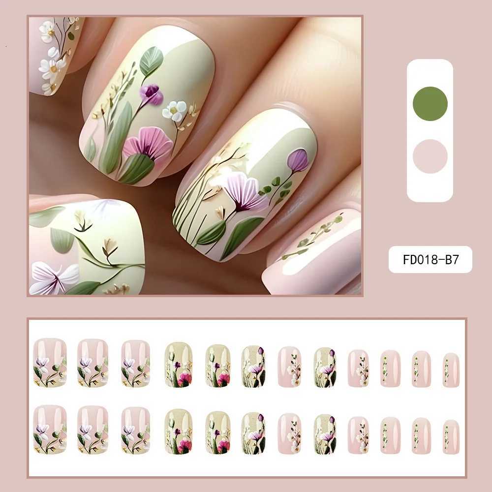 24pcs/set Floral Pattern Press-On Nail Set Mixed Color Ballet Shape Medium Length Simple Sweet Elegant Luxury Style Fake NailsT251118T251119