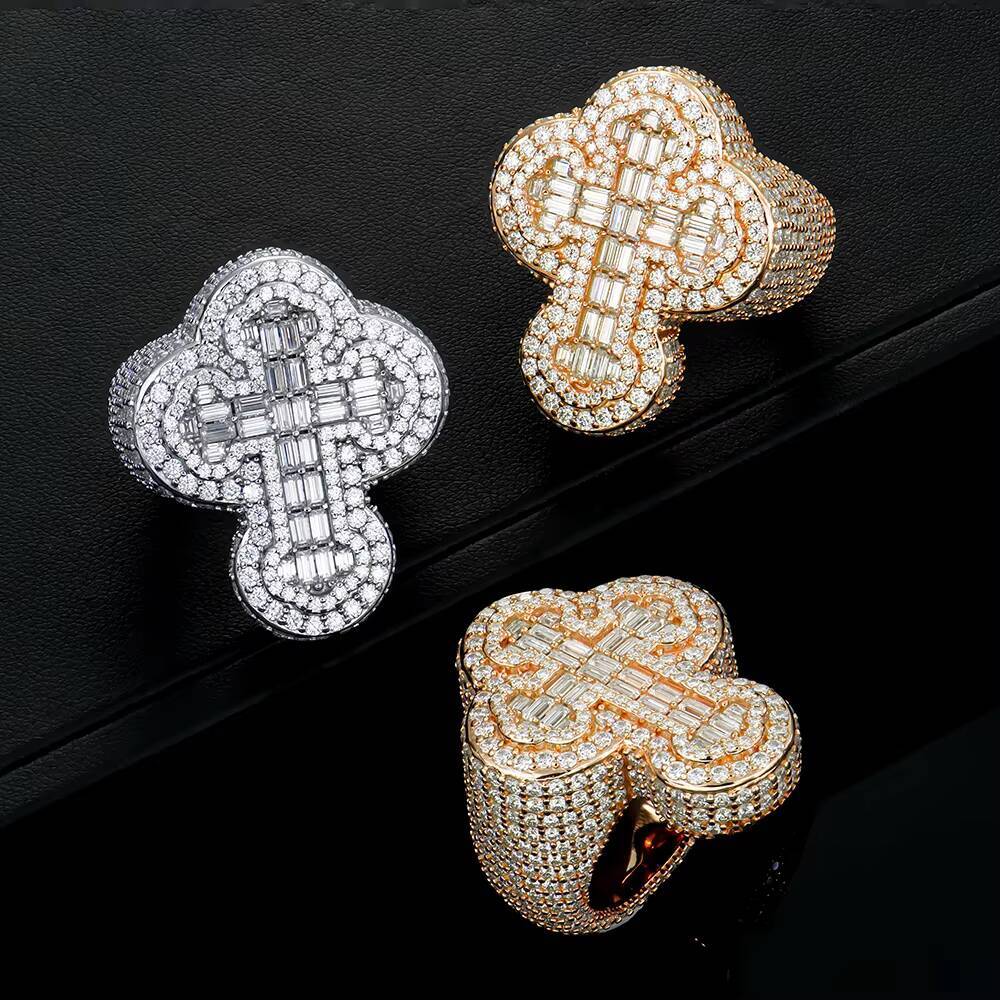 Mens Fully Iced Out 14K Gold Plated Hip Hop Rings Moissanite Ring for Men Punky Rapper Style Baguette Cross Pinky Ring