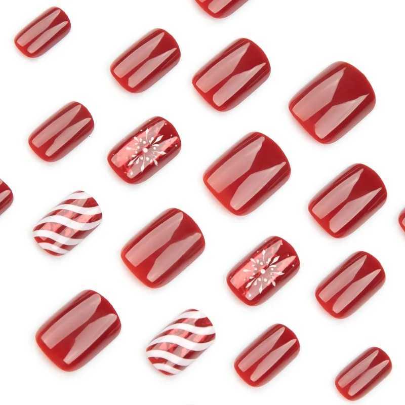 24Pce Fake Nails Red Christmas Candy Stripes with Snowflakes - Short Square Press-On Nail Tips Perfect for Gifting to WomenT251118T251119