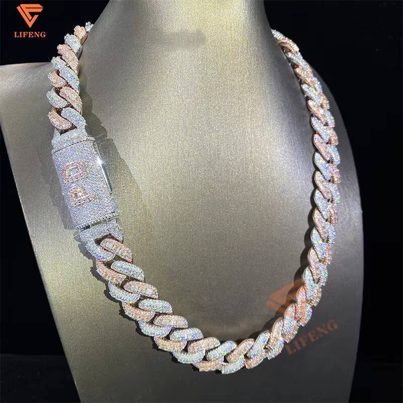 Baguette Cut Rose Gold Plated Two Tone Necklace Iced Out 18mm 925 Sterling Silver HipHop Jewelry Vvs Moissanite Cuban Link Chain