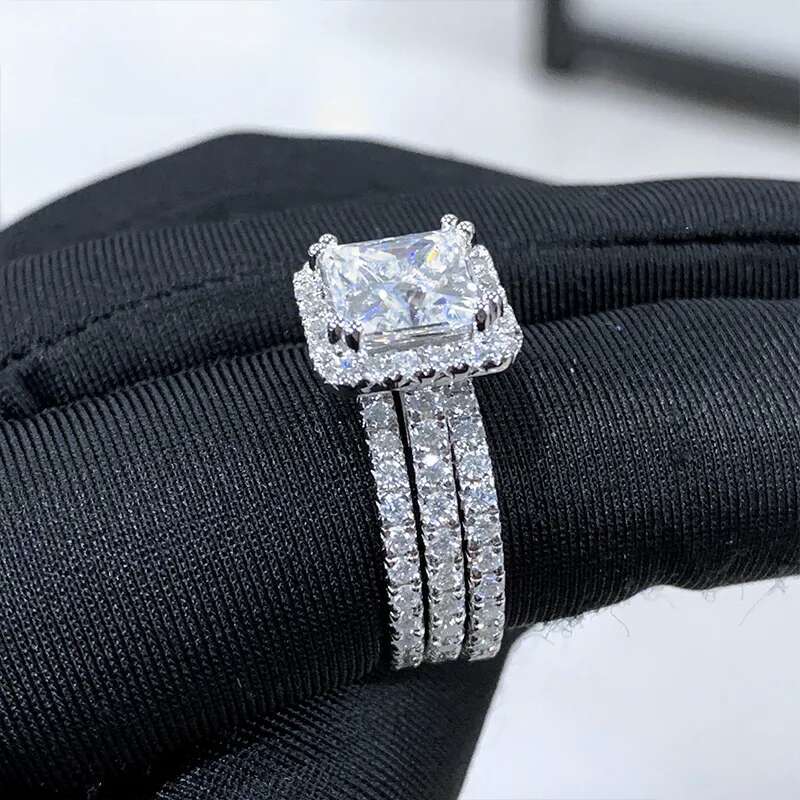 Cadermay sier 3ct square princess cut vvs moissanite halo pave stacking engagement wedding ring set for women