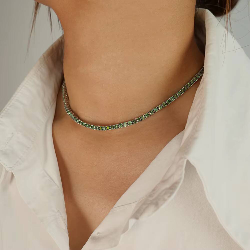 Hip Hop Jewelry 925 Silver Necklace Rhodium Plated Round Brilliant Cut Green Original Color Moissanite Tennis Link Chain