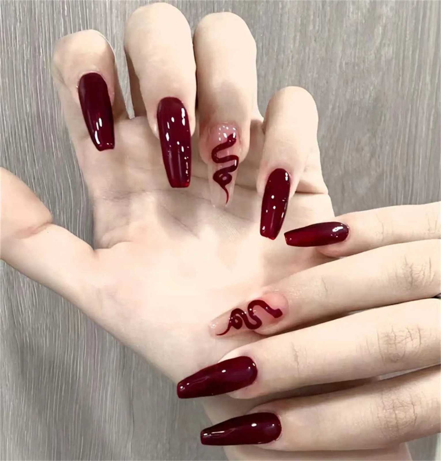 Long Ballet Press on Nails Red Rose Flower Designed Full Cover Fake Nails French Style Wearable False Nails Tips for WomenT251118T251119