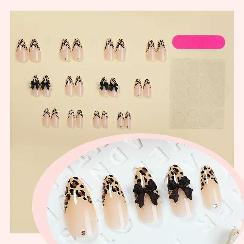 24pcs Almond-Shaped Nails Leopard Print Featuring a French Tip Design And 3D Bow Decor Glossy Full Coverage Press-On Fake NailsT251118T251119