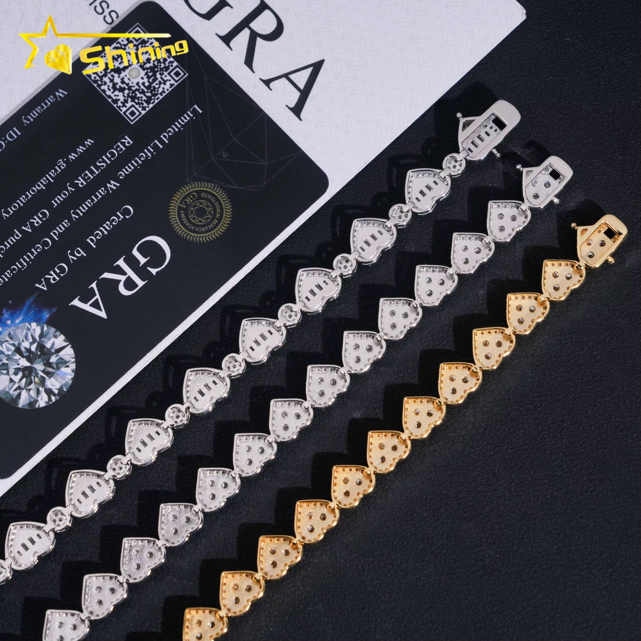 Hot Sale Heart Iced Out Links VVS Moissanite Pass Diamond Tester Gold Plated 925 Sterling Silver Hip Hop Cuban Link Bracelet