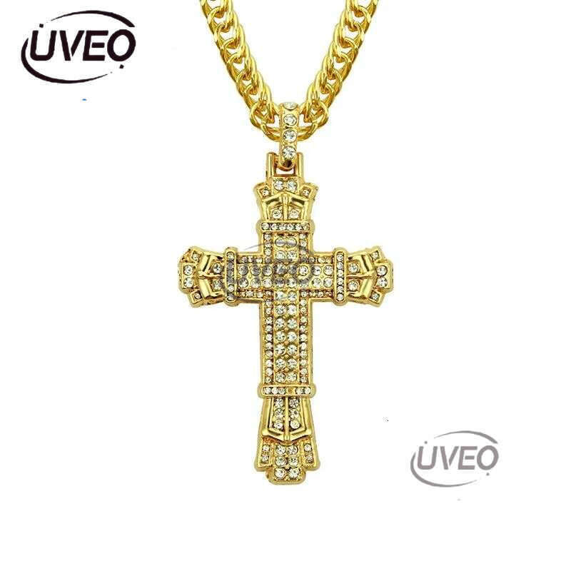 Hip Hop Cross Pendant Religious Charm Gold Sier Full Ice Out Crystal Neckalce Simulated Dias Catholic Crucifix Necklace With Cuban Chain Jewelry