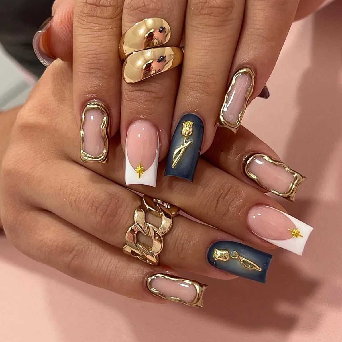 24Pcs Mid-length Square Head Fake Nails Brown French Design Press on False Nails Marble Pattern Detachable Full Cover Nails TipsT251118T251119