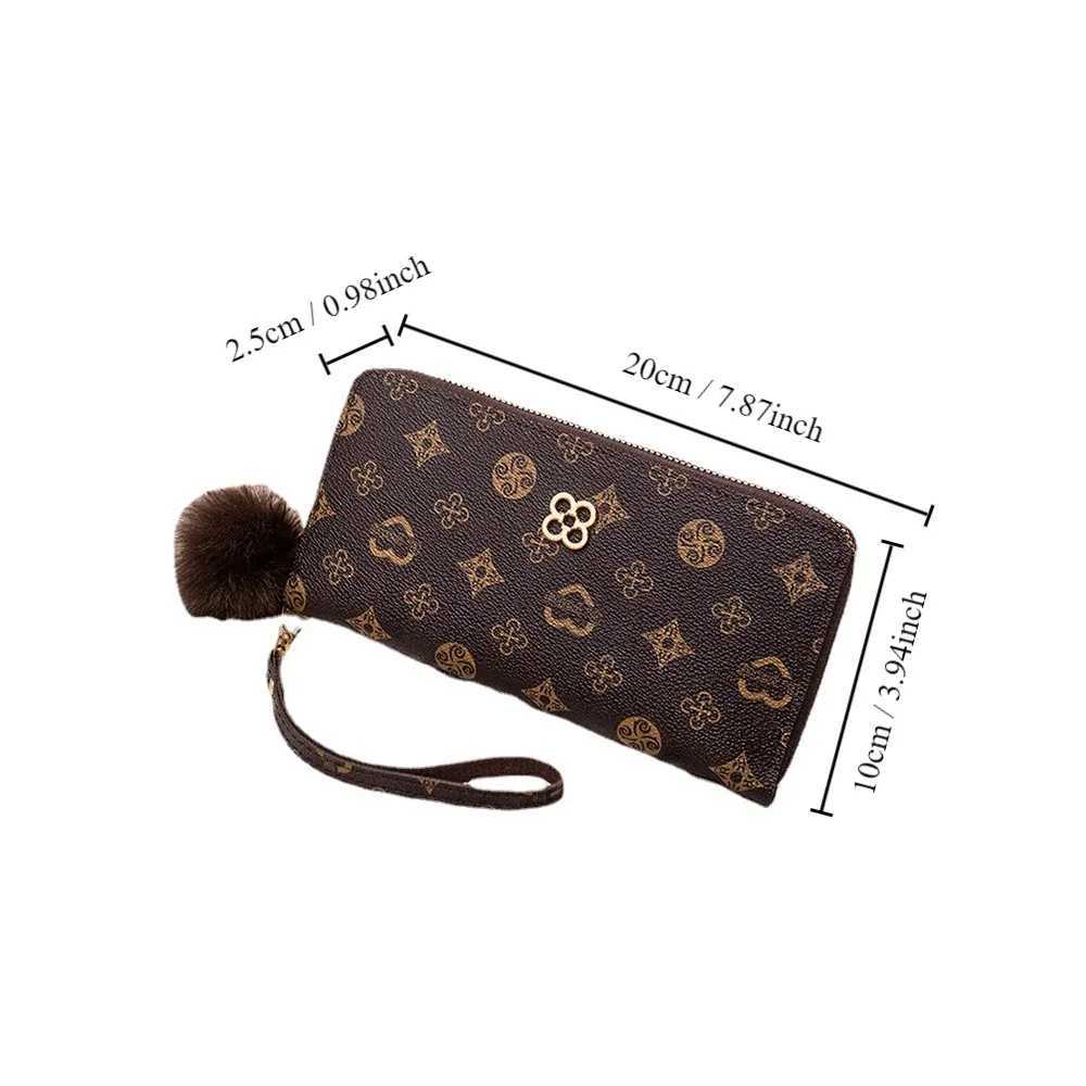 PU Leather Women Long Wallet Fluffy Ball and Printed Decoration Portable Long Clutch Bag Large Capacity Lady Card Holder WomenW251119