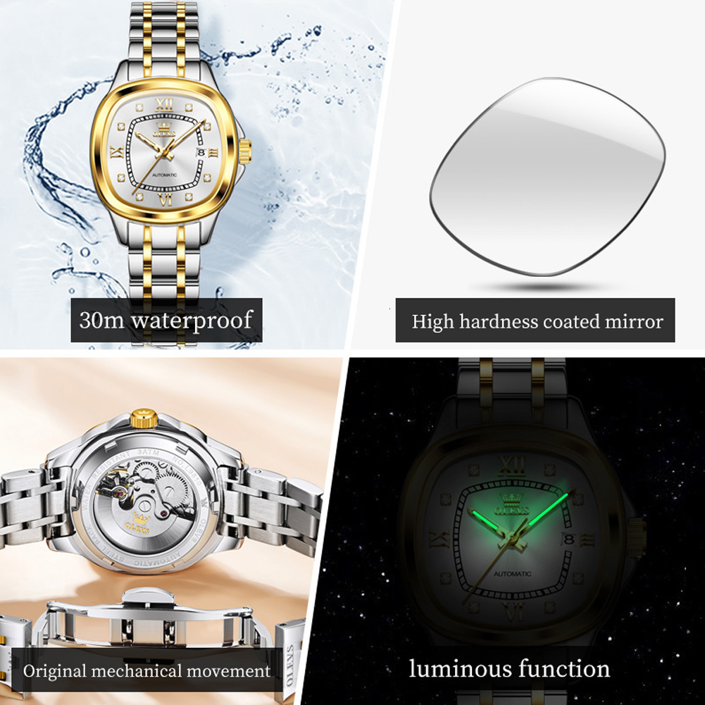 OLEVS Designer Automatic Mechanical Watch Wine Barrel Square Steel Band Calendar Women's Waterproof Luminous Luxury Men's Wristwatch Free Sh