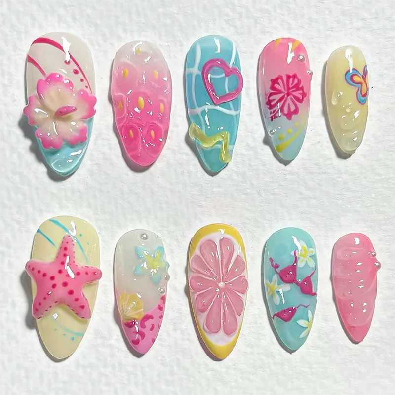 24PCS 3D Flower Shell Starfish False Nails Blue Gradient Diamonds French Fake Nails for Women Wearable Almond Nail ManicureT251118T251119