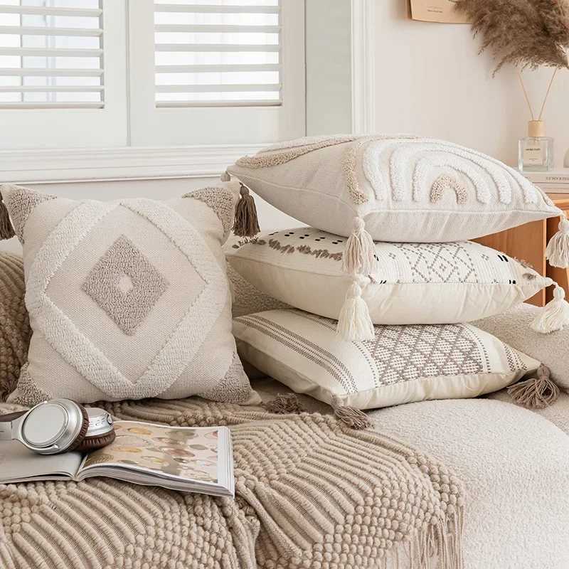 Beige Coffee Loop Tufted Cushion Cover Geometric Semicircle Embroidered Crocheted Throw Cover Decorative s for SofaM251119