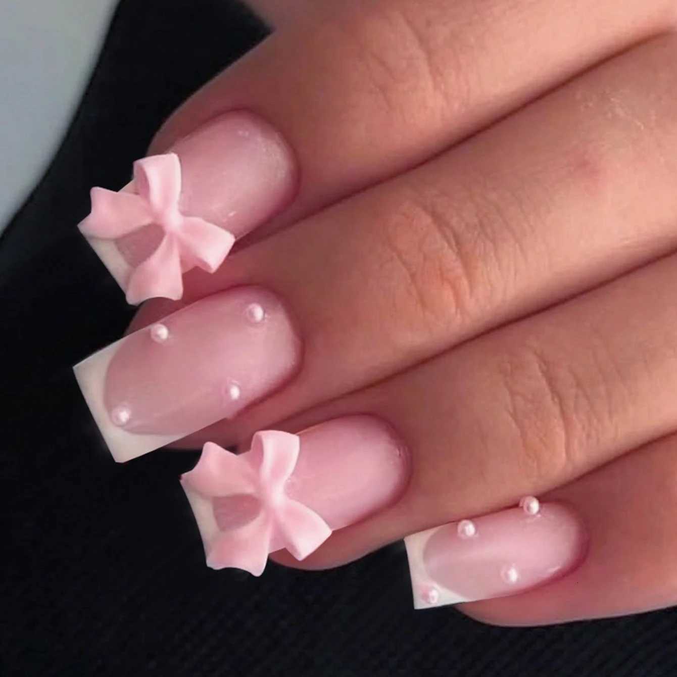 24PCS Square Press Style Nails Medium Length Pearl Bow Design Pink French Pointed Fake Nails Cute Full Coverage NailsT251118T251119