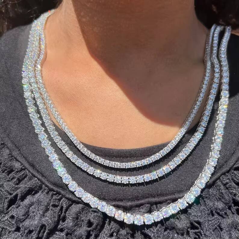 Hiphop Iced Out 3mm 4mm 5mm 6mm 925 Sterling Silver VVS Moissanite Tennis Chain Necklace