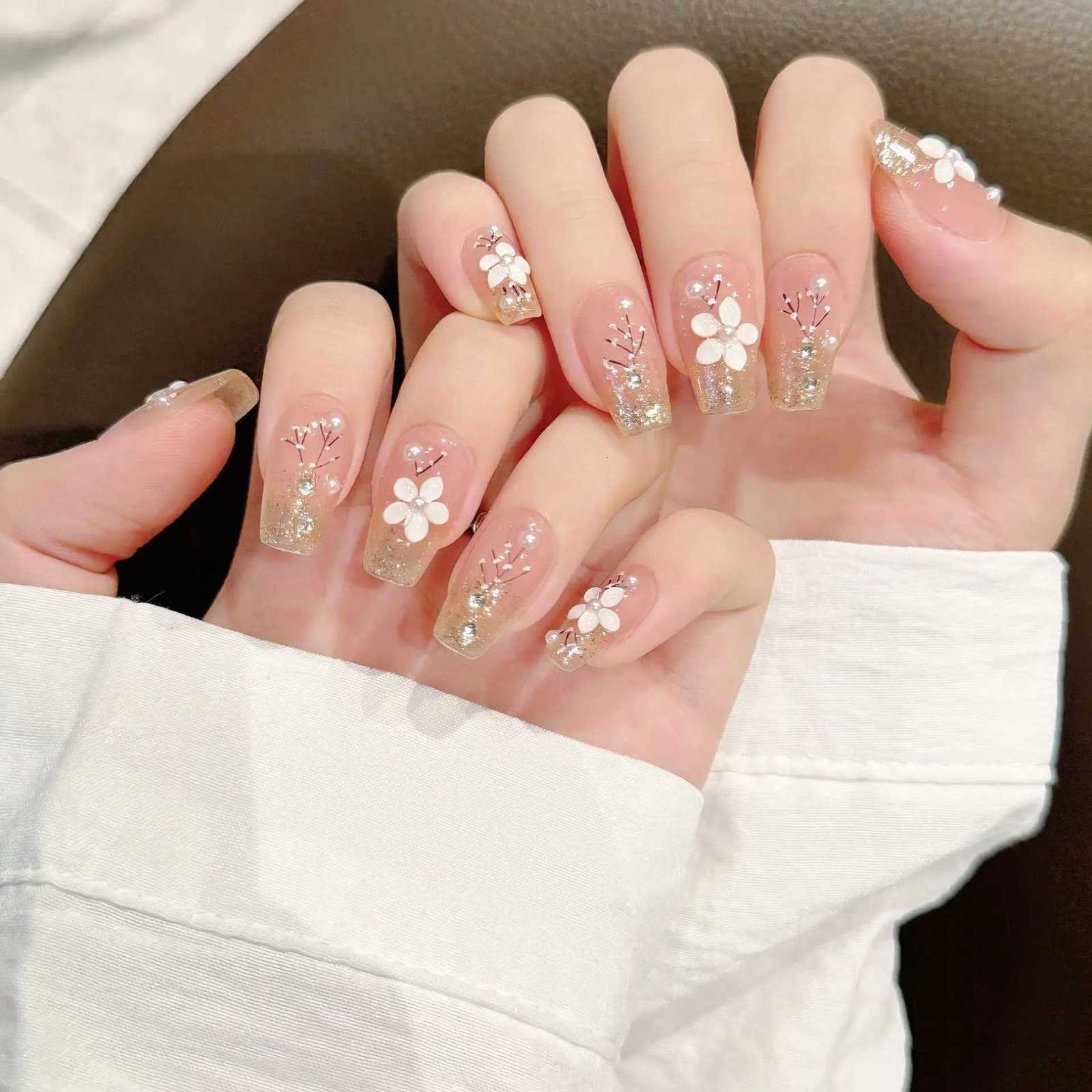 10Pcs Handmade False Nails Mid-length Ballet Full Cover Nail Tip with Flowers Design Pink Wearable Fake Nails Art Press on NailsT251118T251119