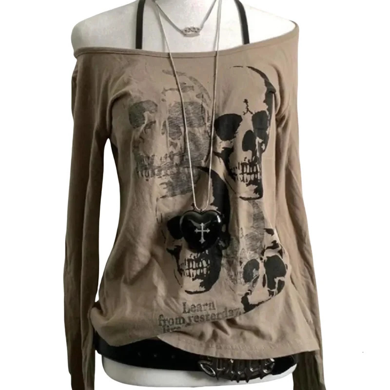 Y2k retro Emo womens Harajuku long sleeved Acubi Fairycore Tshirt skeleton printed Gothic oversized top Alt clothing 250410