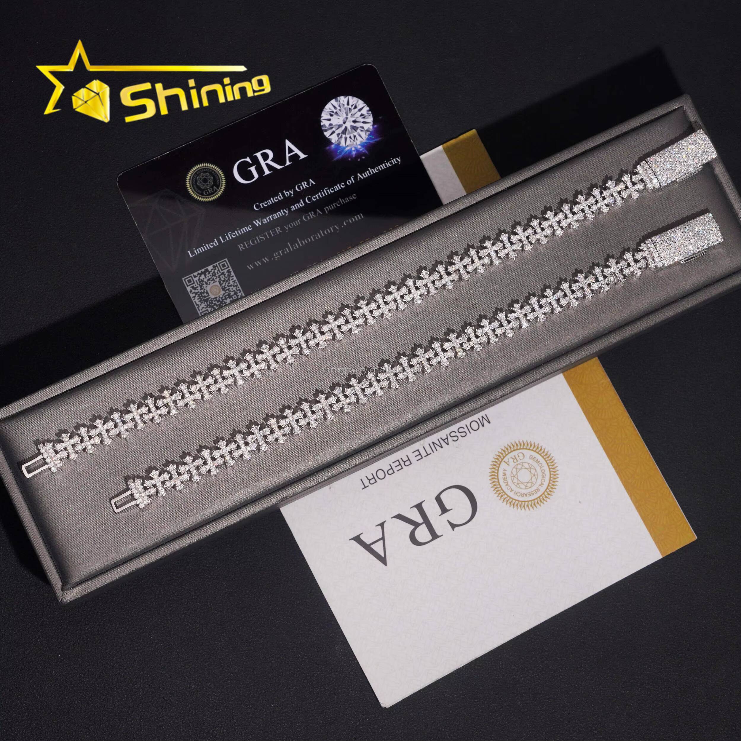 Pass Diamond Tester Luxury Jewelry Hip Hop VVS1 Moissanite Diamond Iced Out GRA Certificate S925 Silver Cuban Cross Bracelet