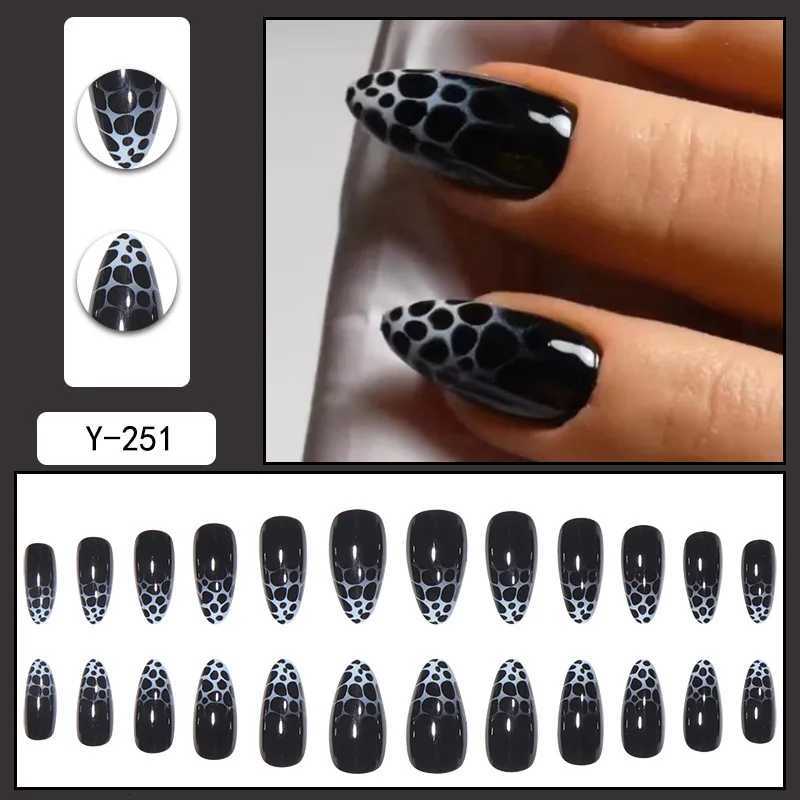 24 Long Almond Black French Petal Pattern ABS Full Gloss Fake Nails Suitable for Daily Wear at Parties and Dances press on nailsT251118T251119