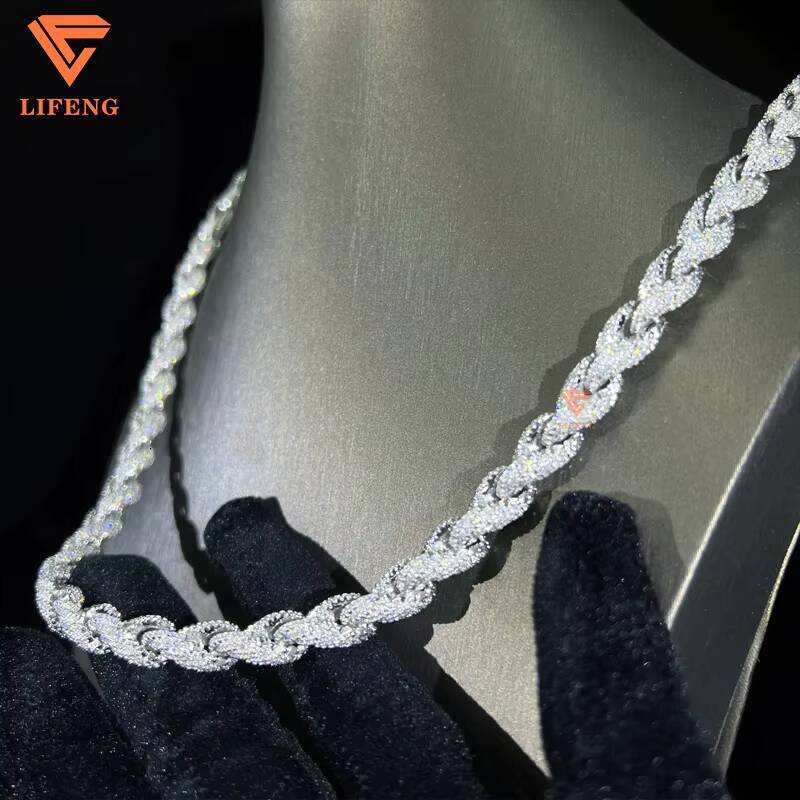 Hip Hop Jewelry Custom 8mm 925 Sterling Silver Vvs Moissanite Diamond White Gold Plated Iced Out Rope Chain Necklace for Men