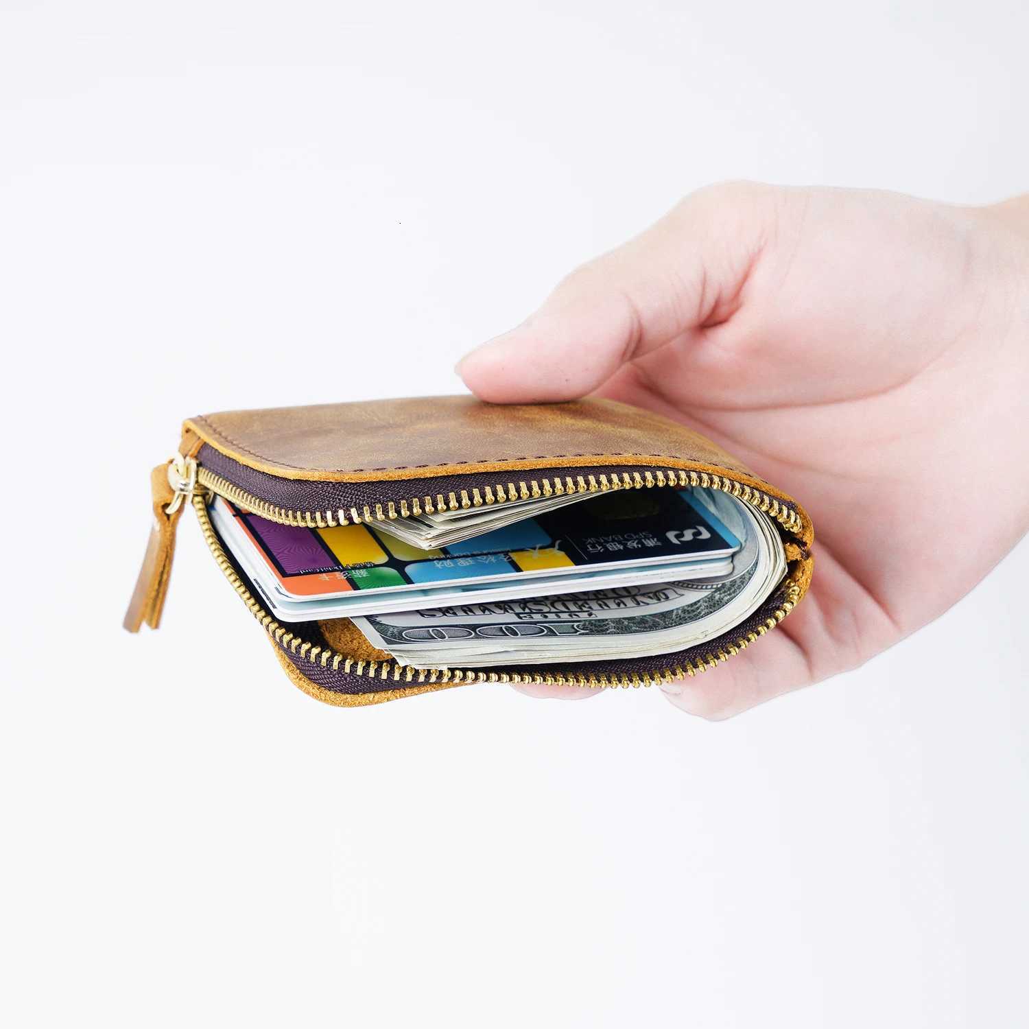 AIGUONIU Custom Wholesale Crazy Horse Genuine Leather Short Card Holder Men Wallet Retro Zipper Coin Pocket Wallet for MenT251119
