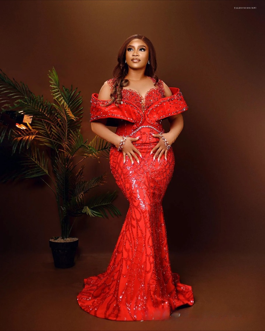 Plus Size Prom Dress With Detachable Train Red Mermaid Promdress Evening Formal Dresses For Women Sheer Neck Beaded Lace Second Reception Gowns Vestid