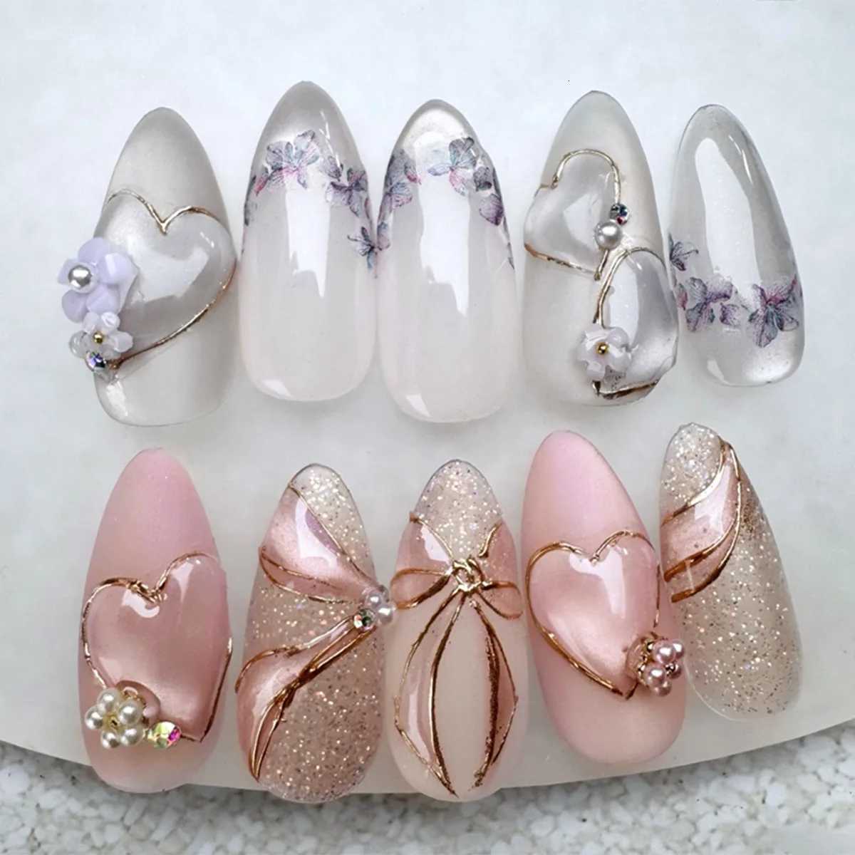 24pcs French Almond Press on Nails Flower False Nails Wearable Stick-on Nails Fake Nail Uas Postizas Mujer T251118T251119