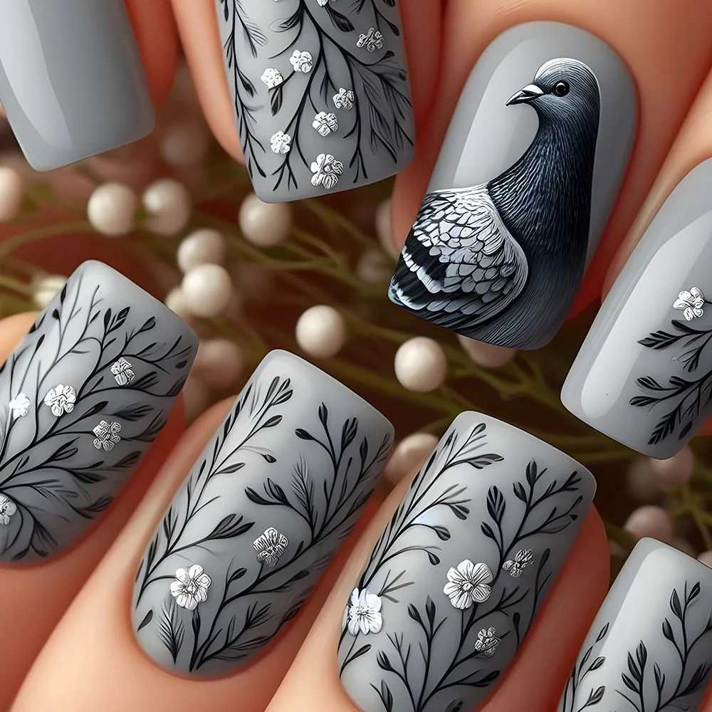 24pcs Cartoon Animal Print Fake Nails Rabbit Pigeon Sheep Cat pattern Korean Press on Nails for Women Girl Wearable False NailsT251118T251119
