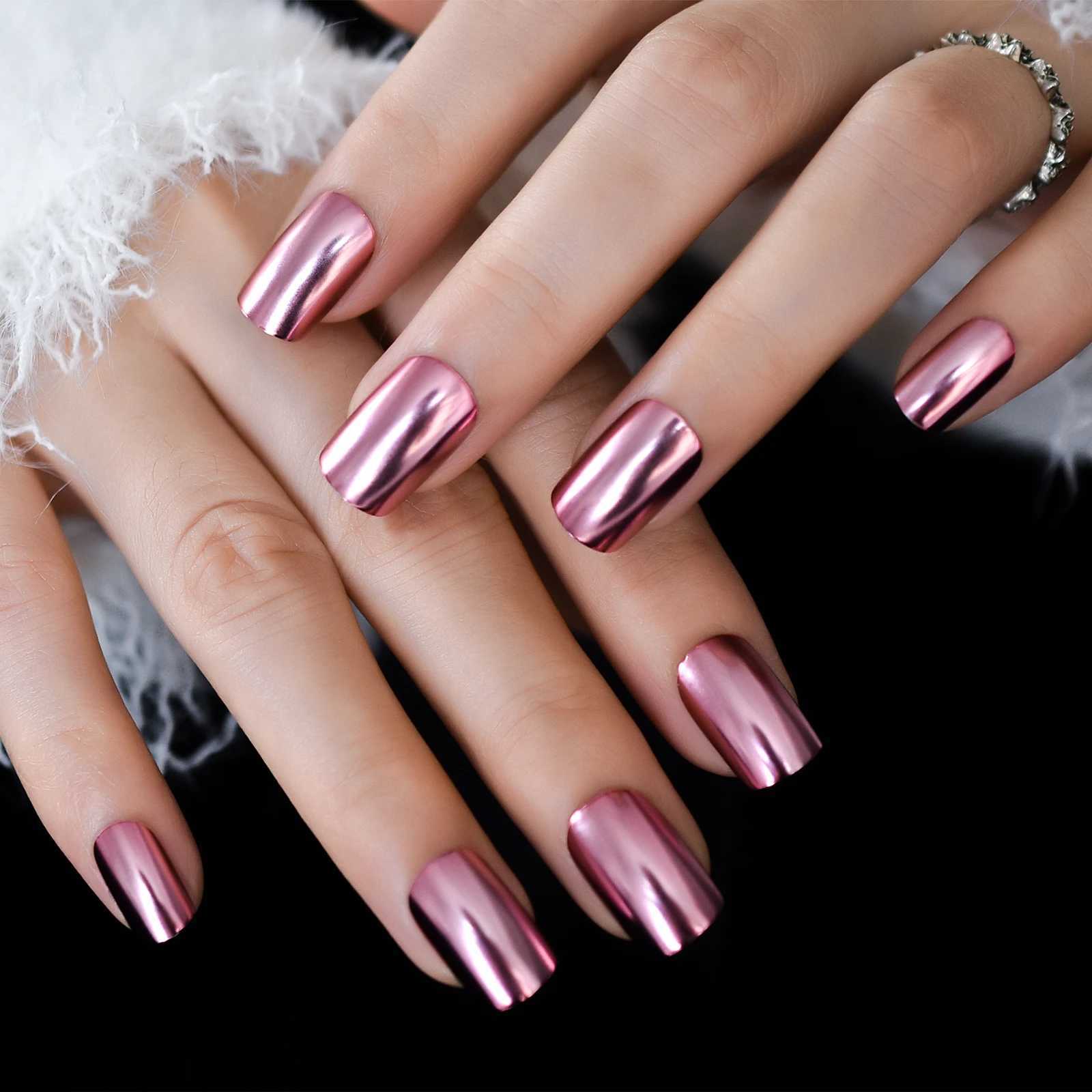 Chrome Punk Metallic PinkSquare Press On False Nails Medium Short Length Fingernails Bright Acrylic Manicure Art Tips 24pcs/SetT251118T251119