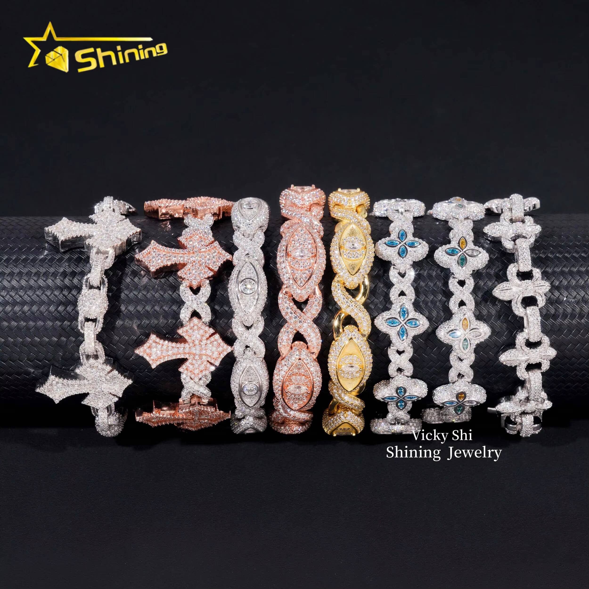 Men Hot Selling Moissanite Bracelets Collection Iced Out 925 Sterling Silver Moissanite Cross Evil Eyes Cuban Bracelet