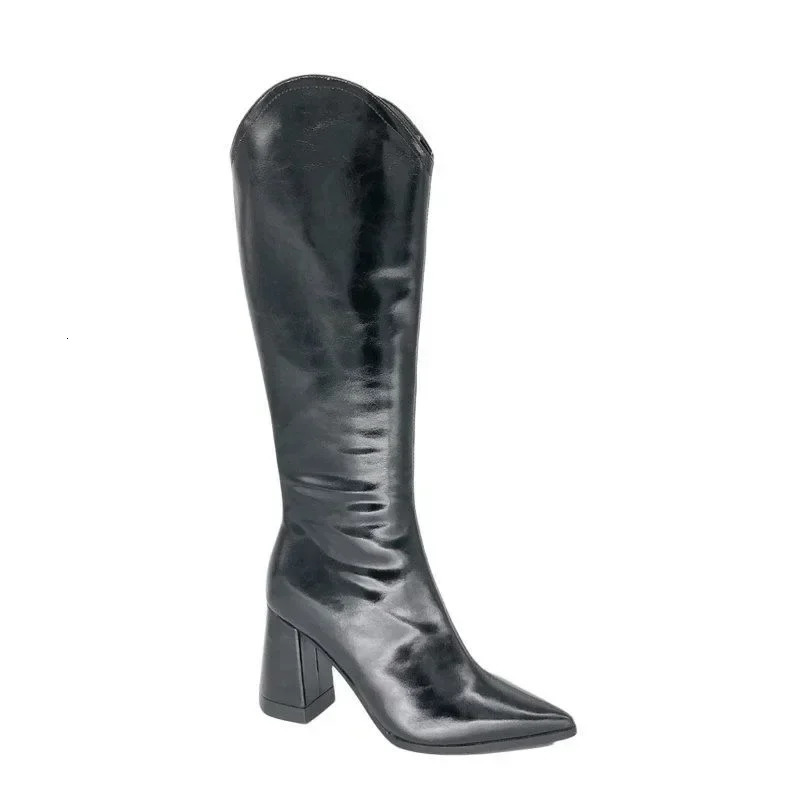 PU leather boots womens fashionable V-port Pointed Toe knee high heels womens sexy thick high heels 250418