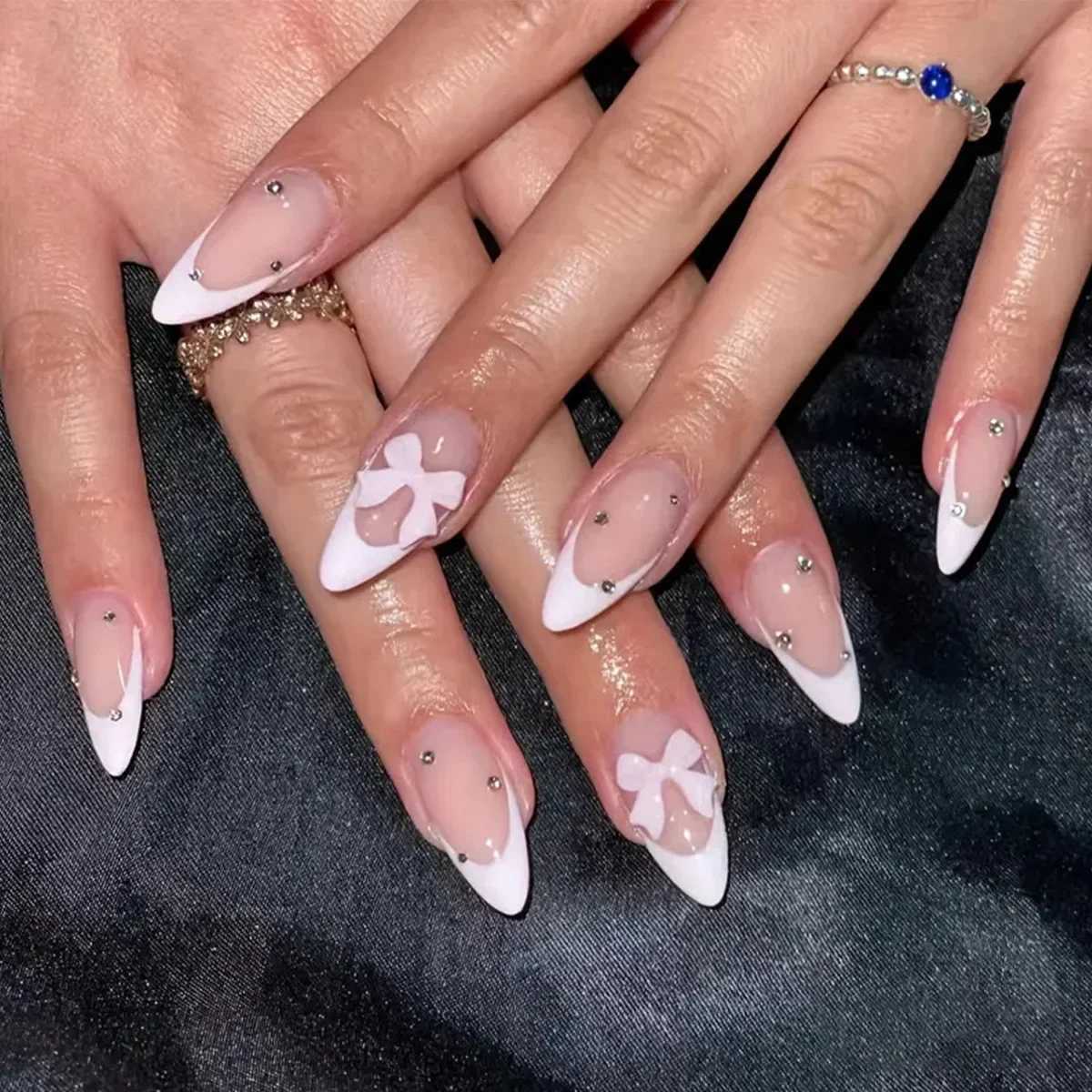 24Pcs Leopard Print Fake Nails Black Bow Press on Long Almond with Rhinestone False Nails Wearable Finished Fingernails Nail ArtT251118T251119