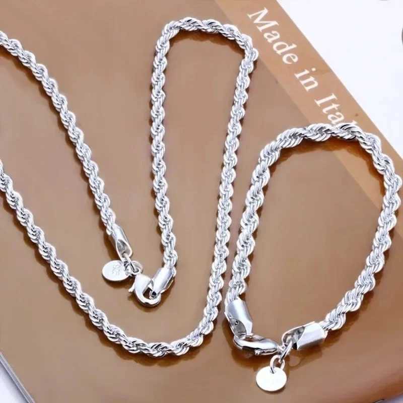 Charm 925 sterling silver accessories mens 4MM 40-60cm 2PCS rope chain necklace bracelet womens fashion wedding gift jewelryT250418