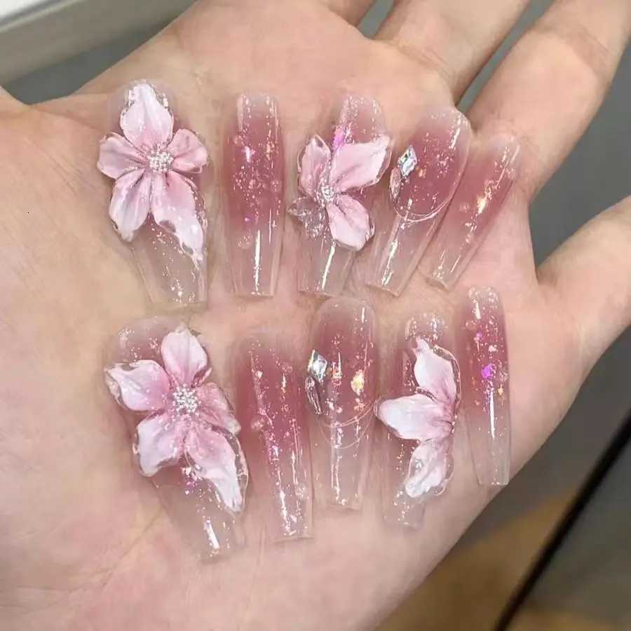 10Pcs Handmade Gradient Pink Fake Nails Long Press On Nails French False Nails 3D Pink Flowers Decor Wearable Press on NailsT251118T251119