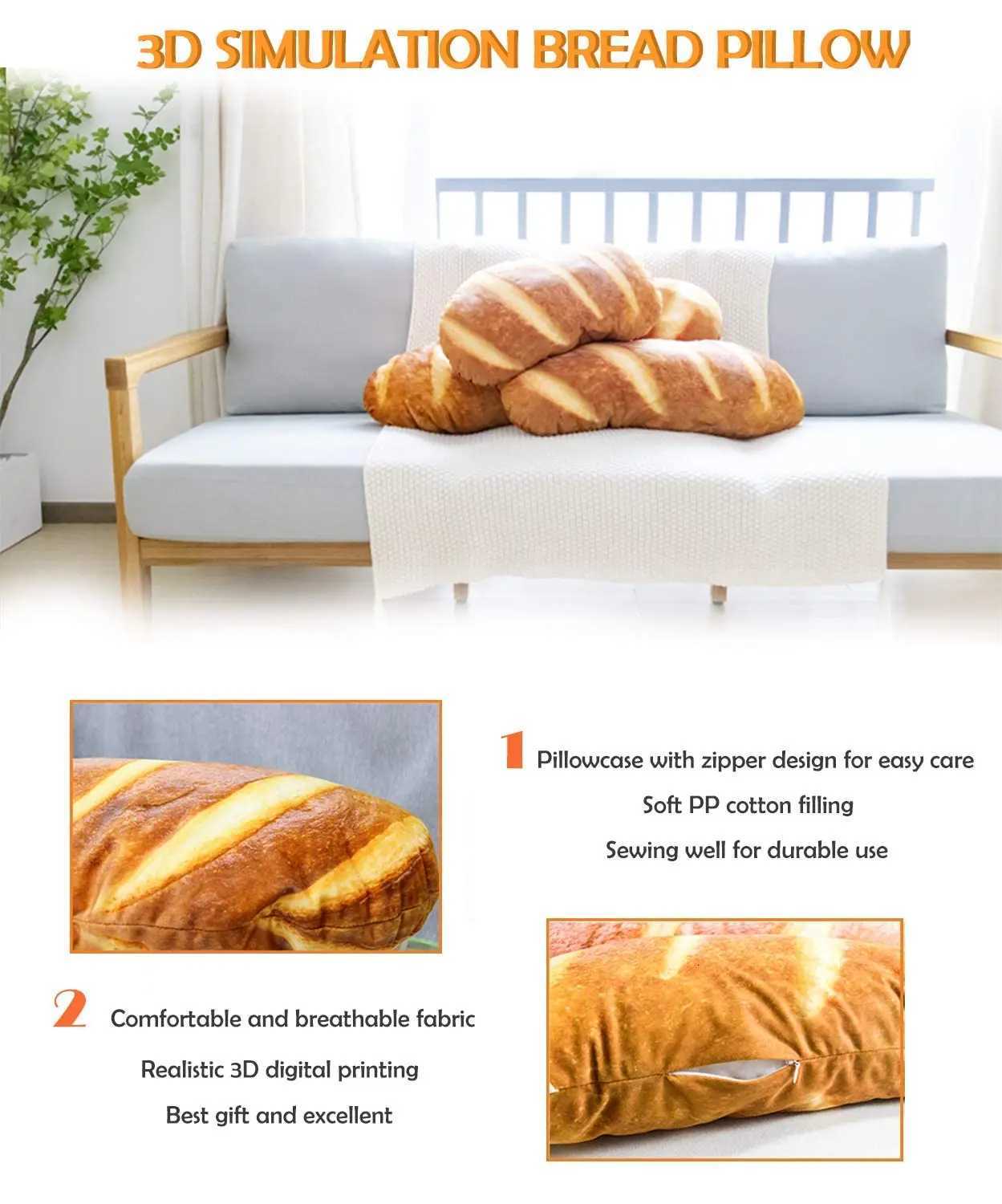 3D Simulation Bread Shape Soft Lumbar Baguette Back Cushion Funny Food Plush Stuffed CushionM251119